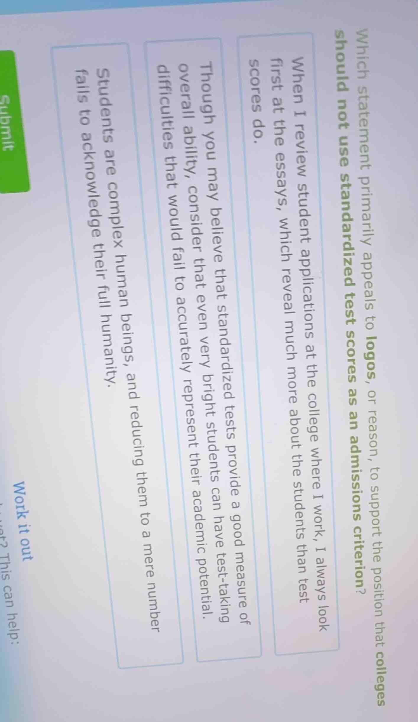 which statement primarily appeals to logos, or reason, to support the p…