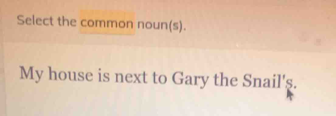 select the common noun(s). my house is next to gary the snails.