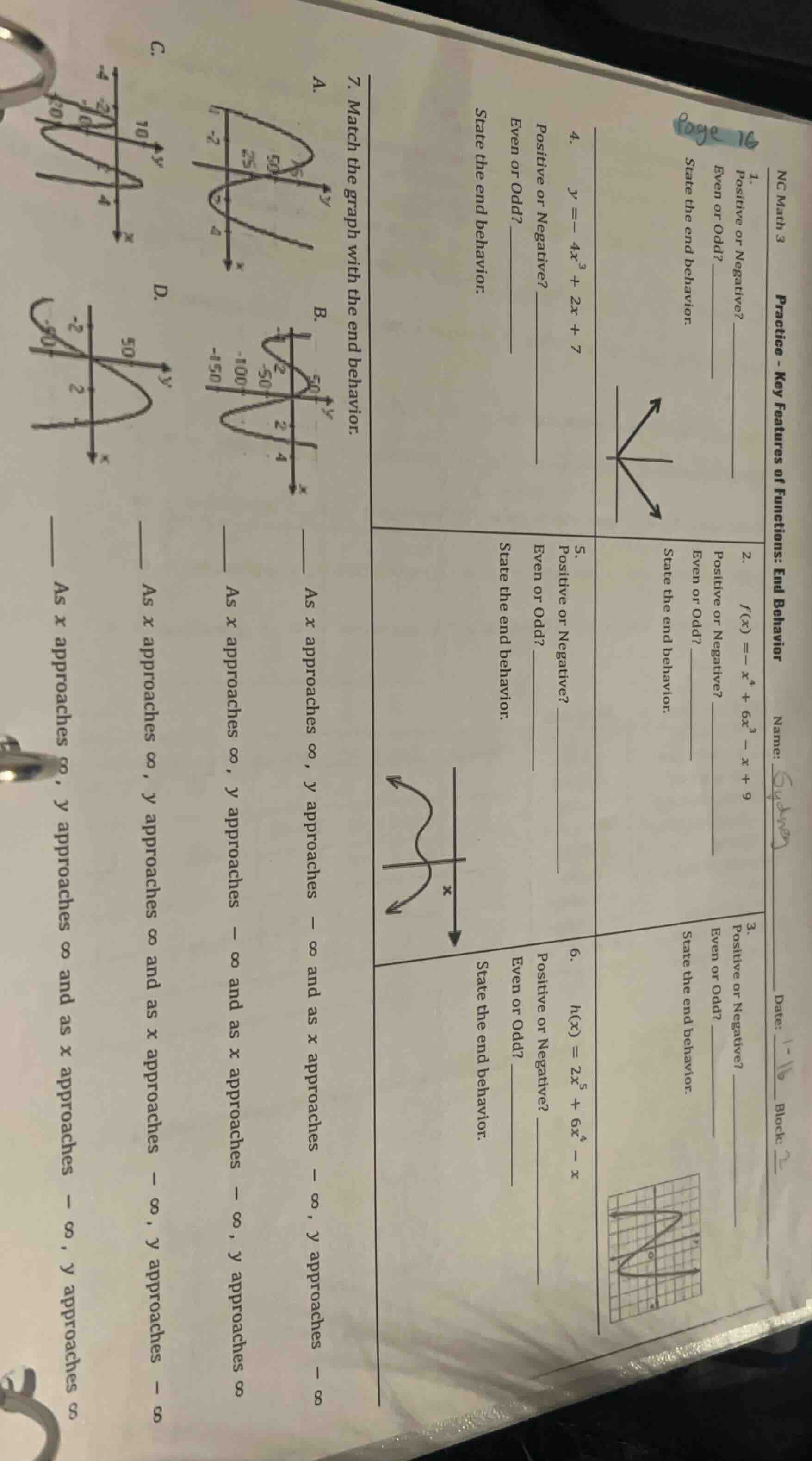 nc math 3 practice - key features of functions: end behavior name: sydn…