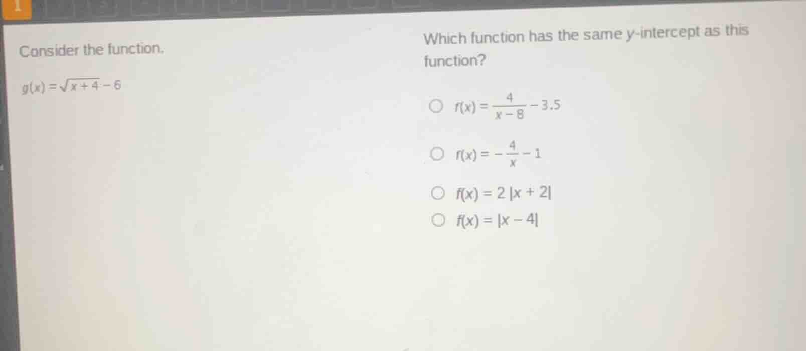 consider the function. g(x)=√(x + 4) - 6 which function has the same y …