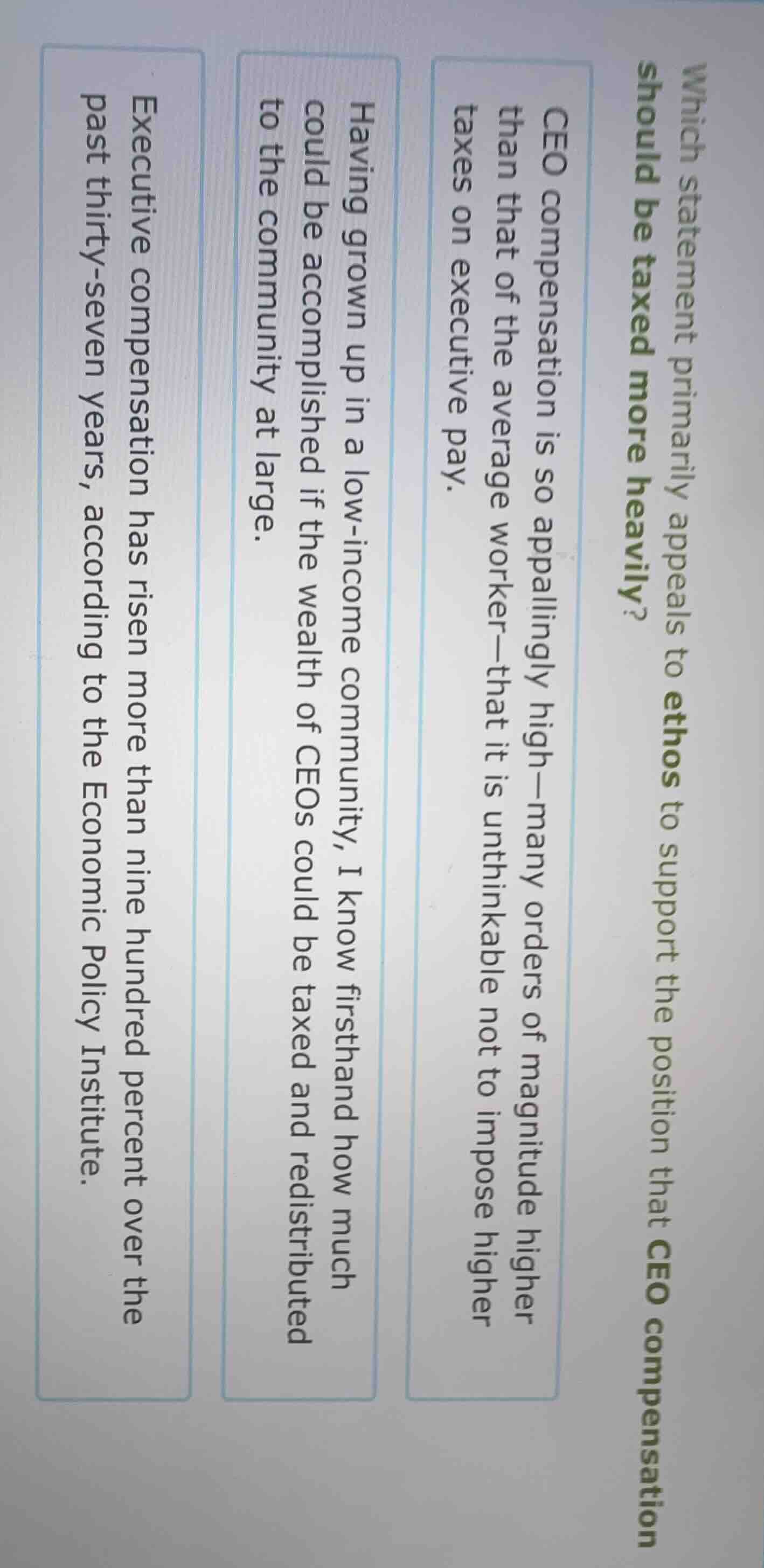 which statement primarily appeals to ethos to support the position that…