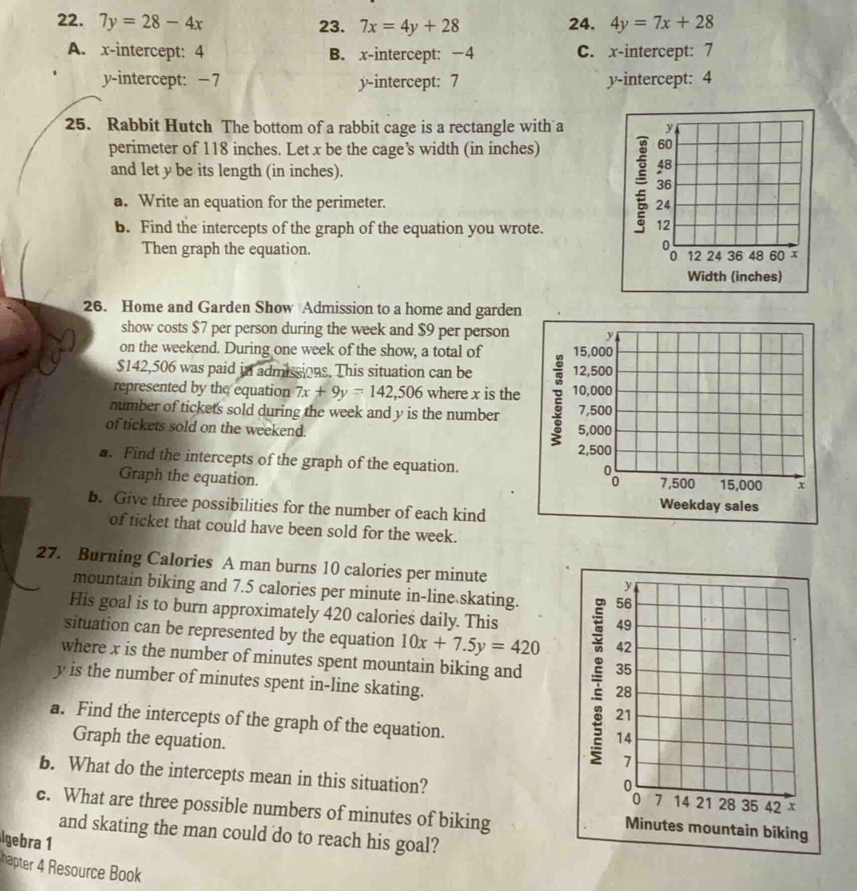 22. $7y = 28 - 4x$ a. $x$-intercept: 4 $y$-intercept: $-7$ 23. $7x = 4y…