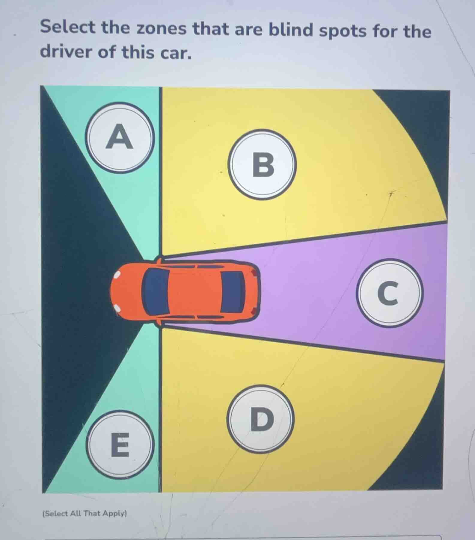 select the zones that are blind spots for the driver of this car. (sele…