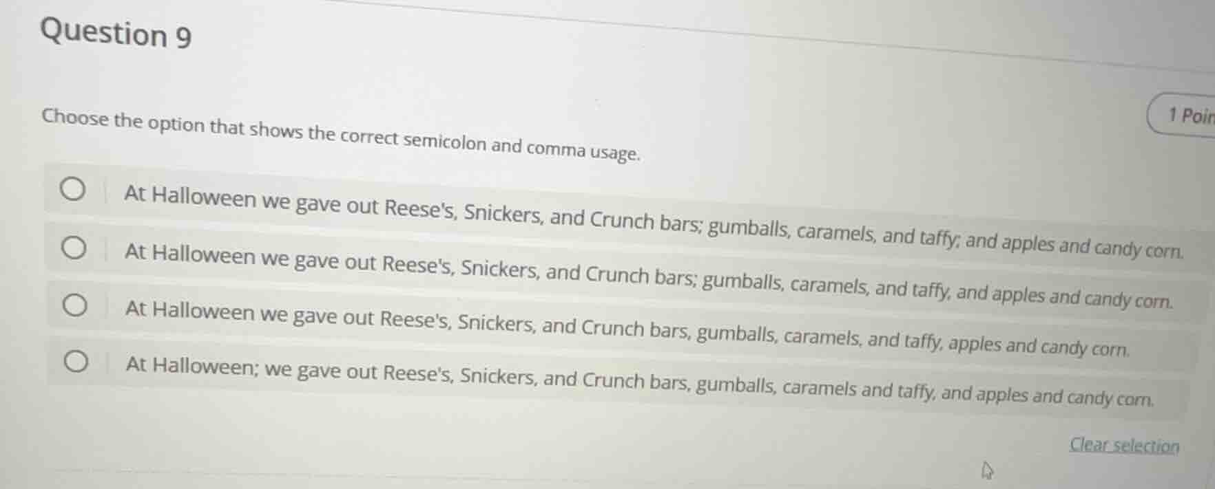 question 9 choose the option that shows the correct semicolon and comma…