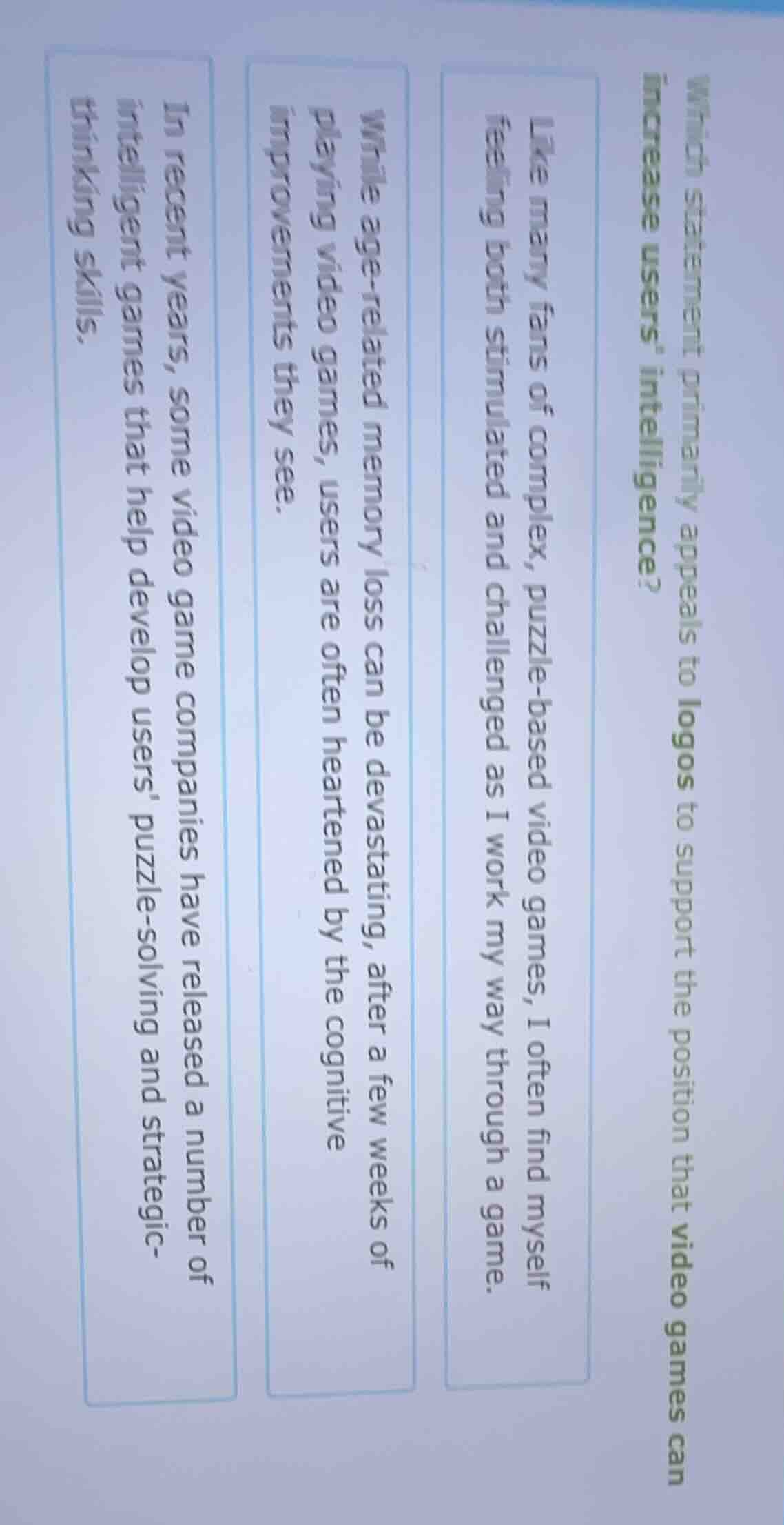 which statement primarily appeals to logos to support the position that…