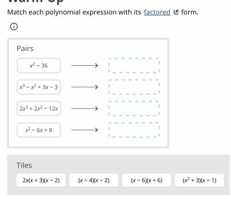 match each polynomial expression with its factored form. pairs $x^2 - 3…