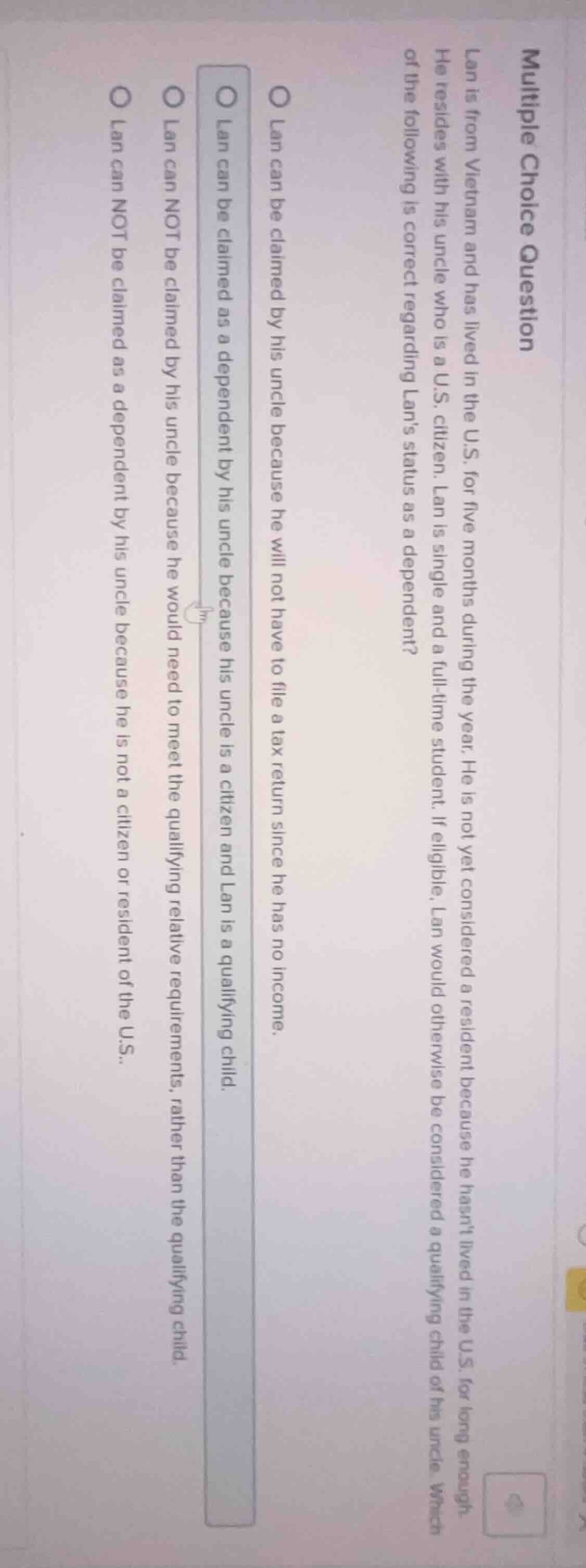 multiple choice question lan is from vietnam and has lived in the u.s. …