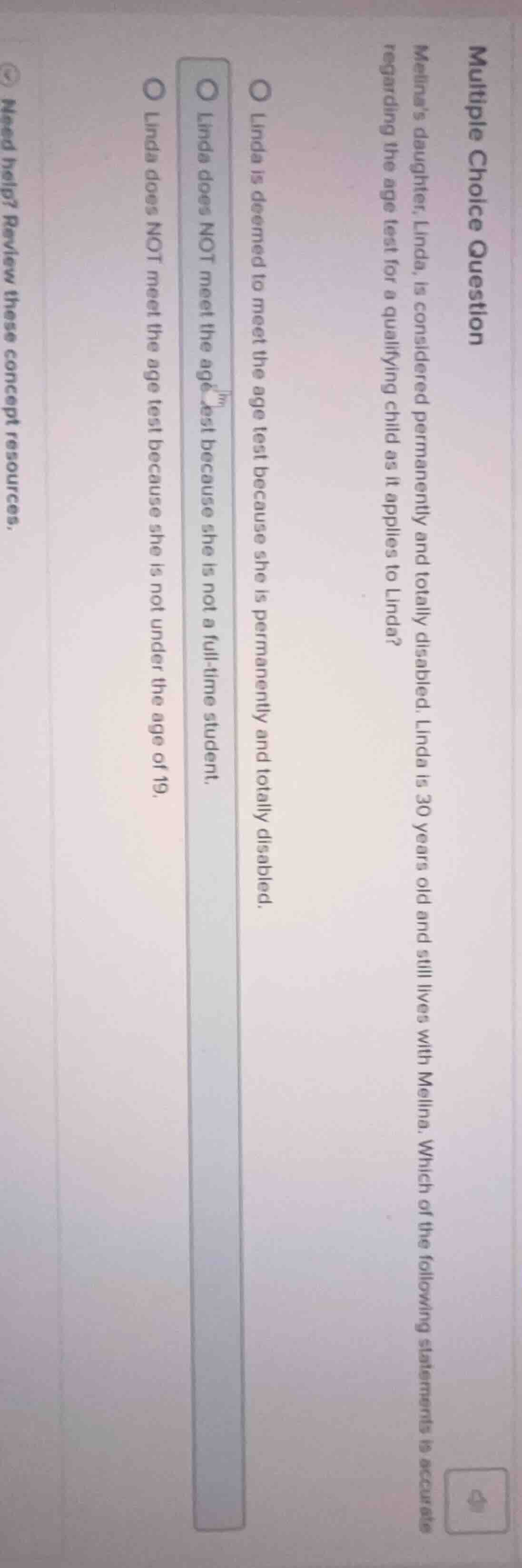 multiple choice question melina’s daughter, linda, is considered perman…