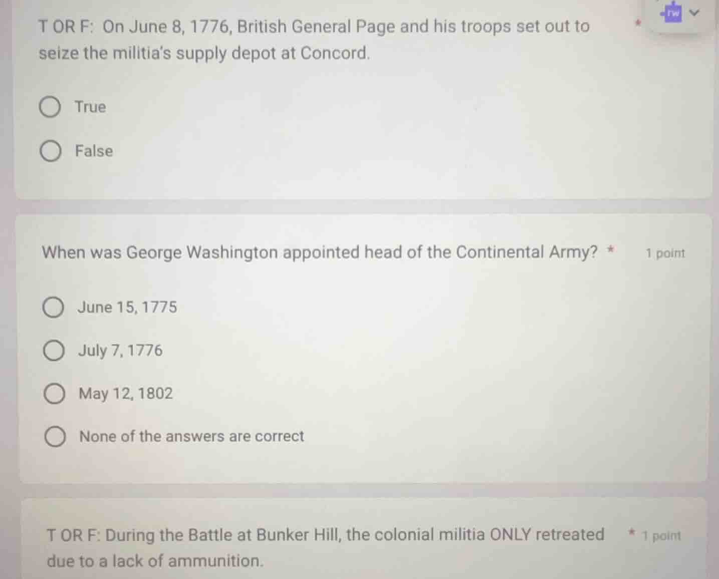 t or f: on june 8, 1776, british general page and his troops set out to…