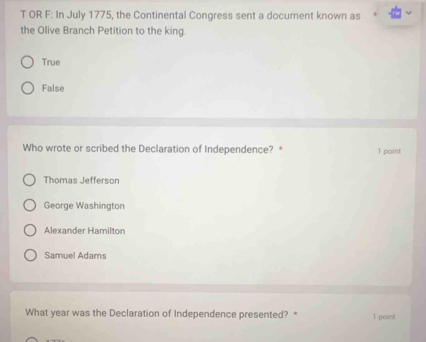 t or f: in july 1775, the continental congress sent a document known as…