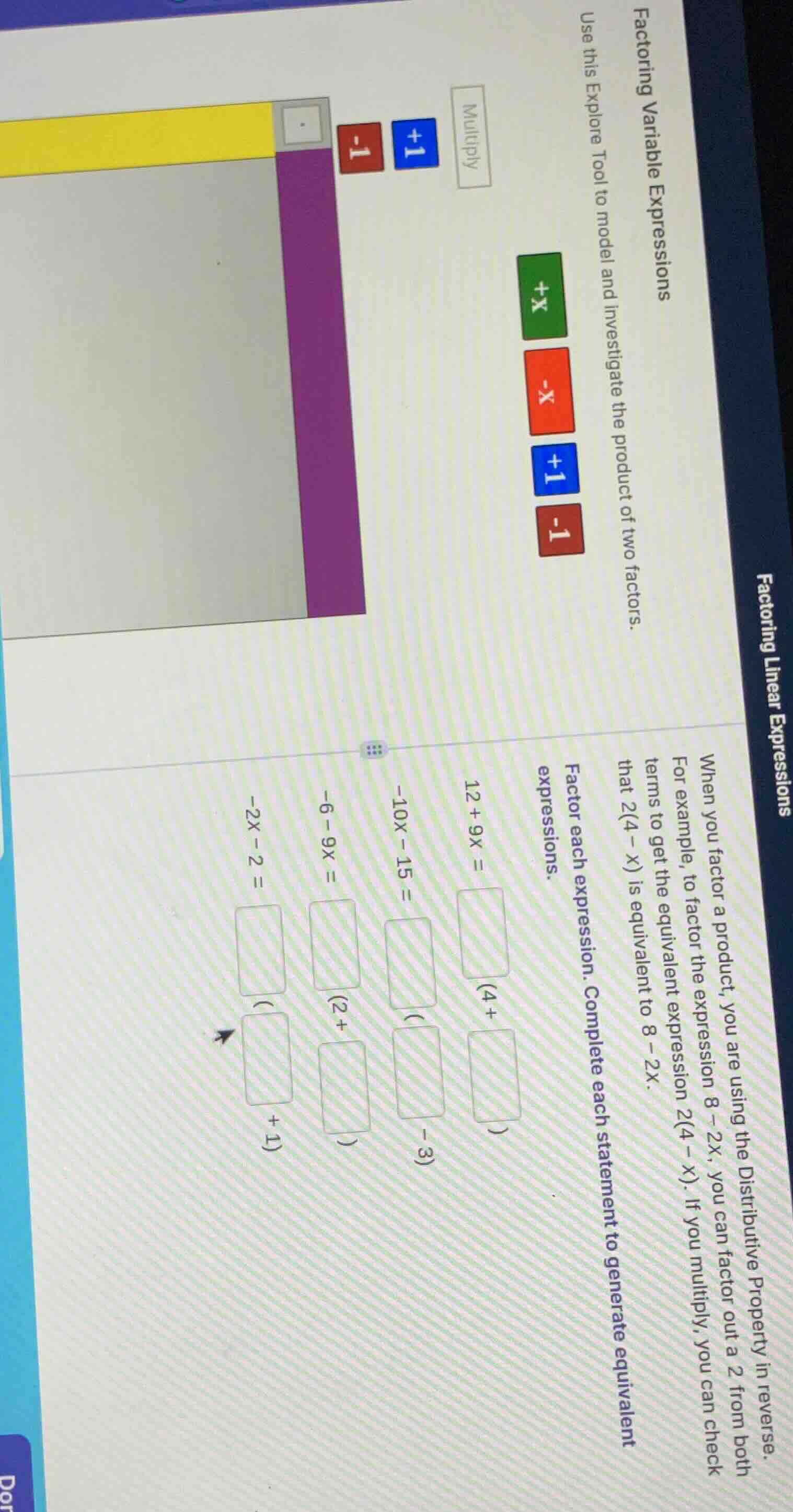 factoring variable expressions use this explore tool to model and inves…