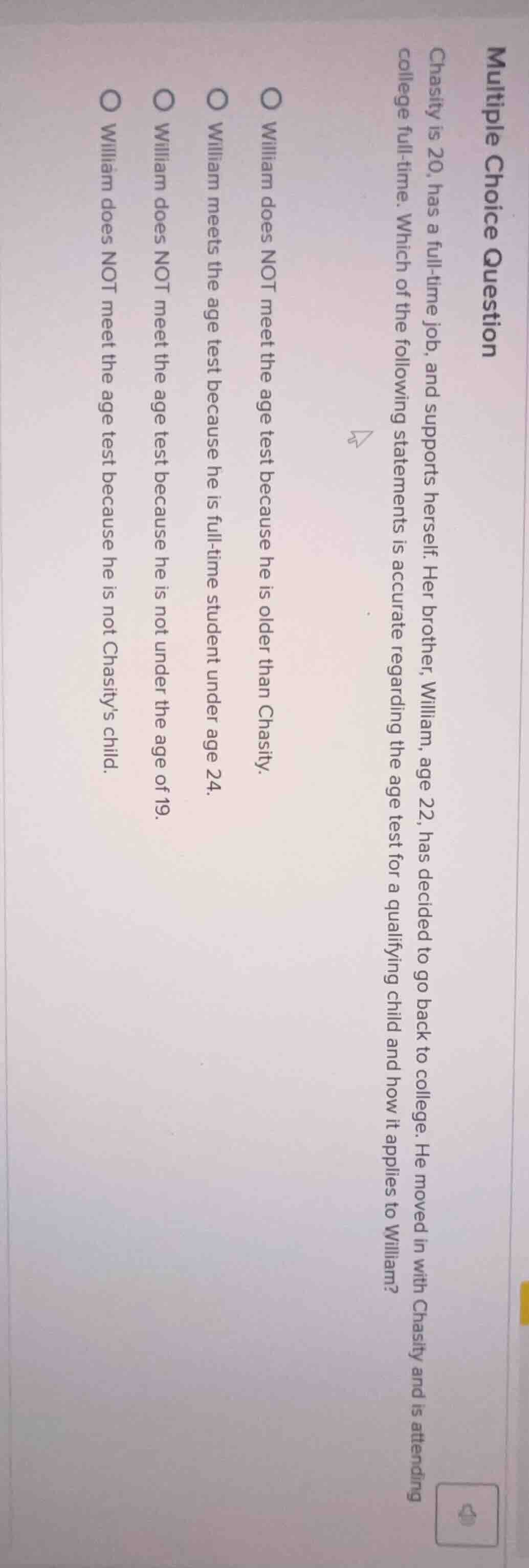 multiple choice question chasity is 20, has a full - time job, and supp…