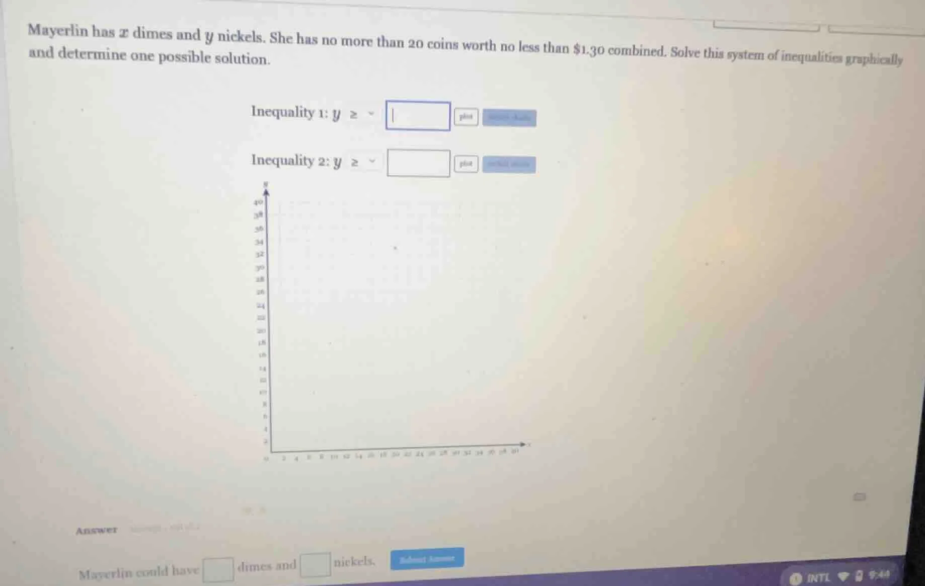 mayerlin has ( x ) dimes and ( y ) nickels. she has no more than 20 coi…