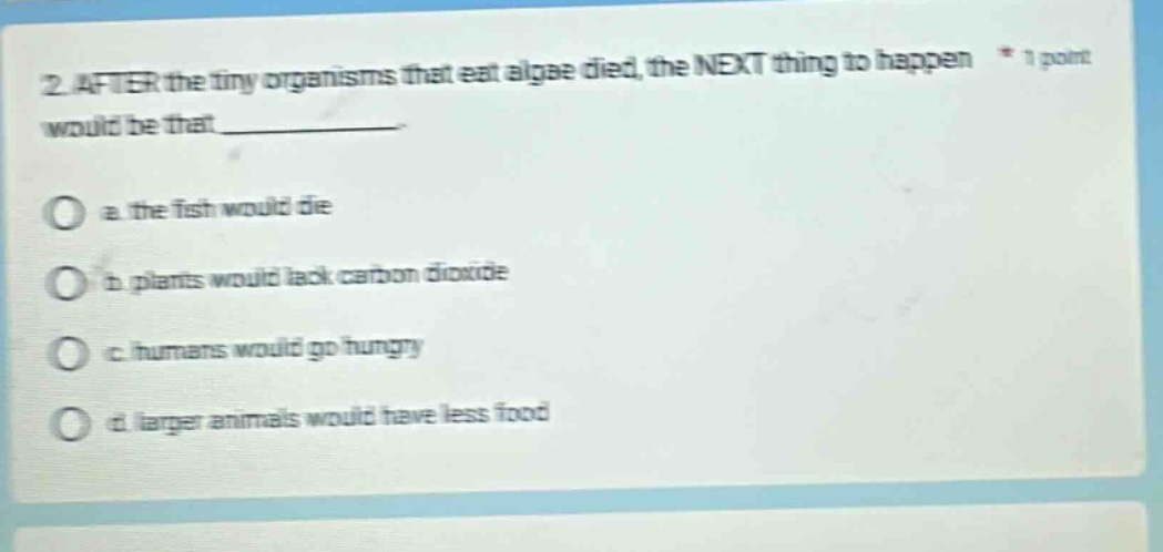 2. after the tiny organisms that eat algae died, the next thing to happ…
