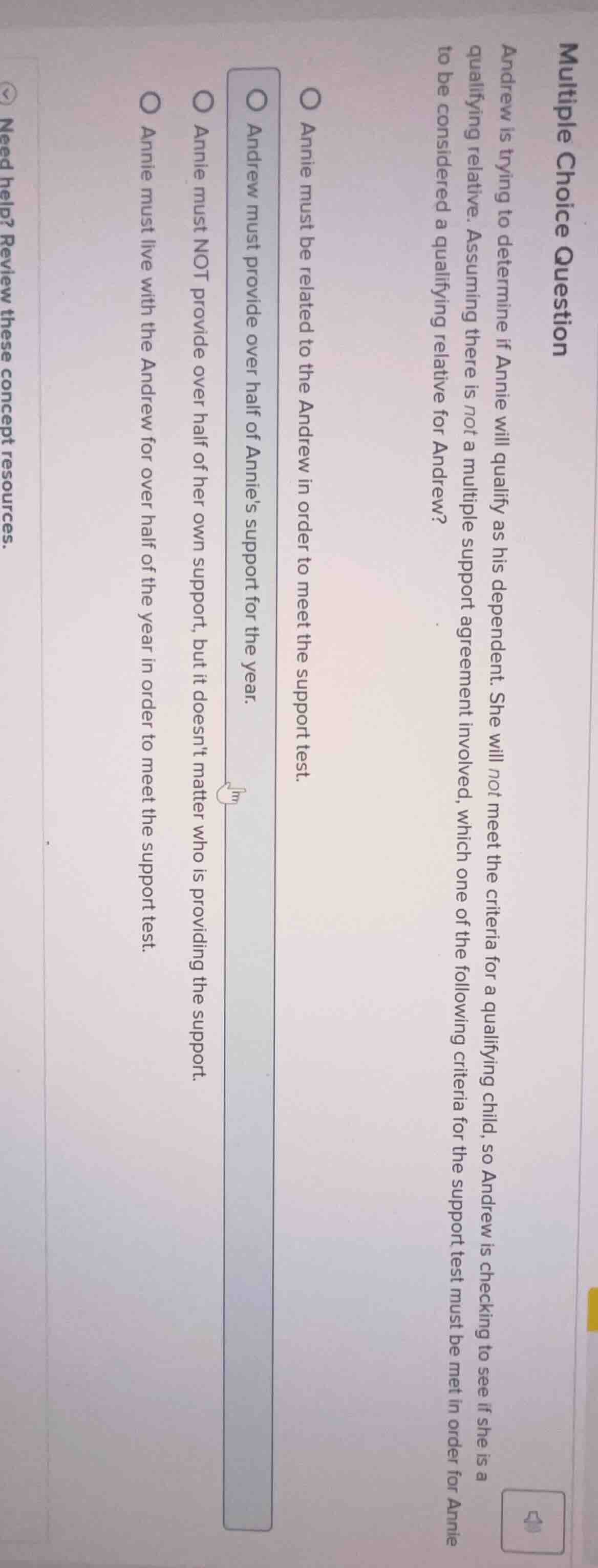 multiple choice question andrew is trying to determine if annie will qu…