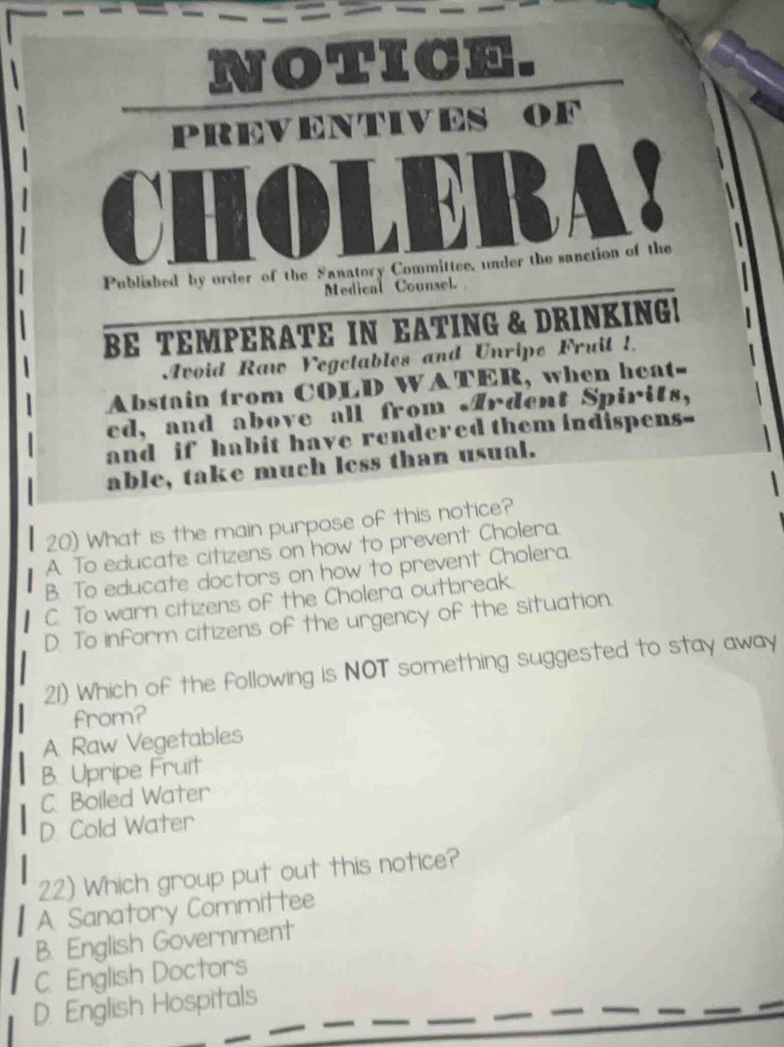 notice. preventives of cholera! published by order of the sanatory comm…