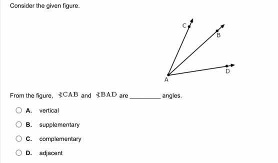 consider the given figure. from the figure, ∠cab and ∠bad are ______ an…