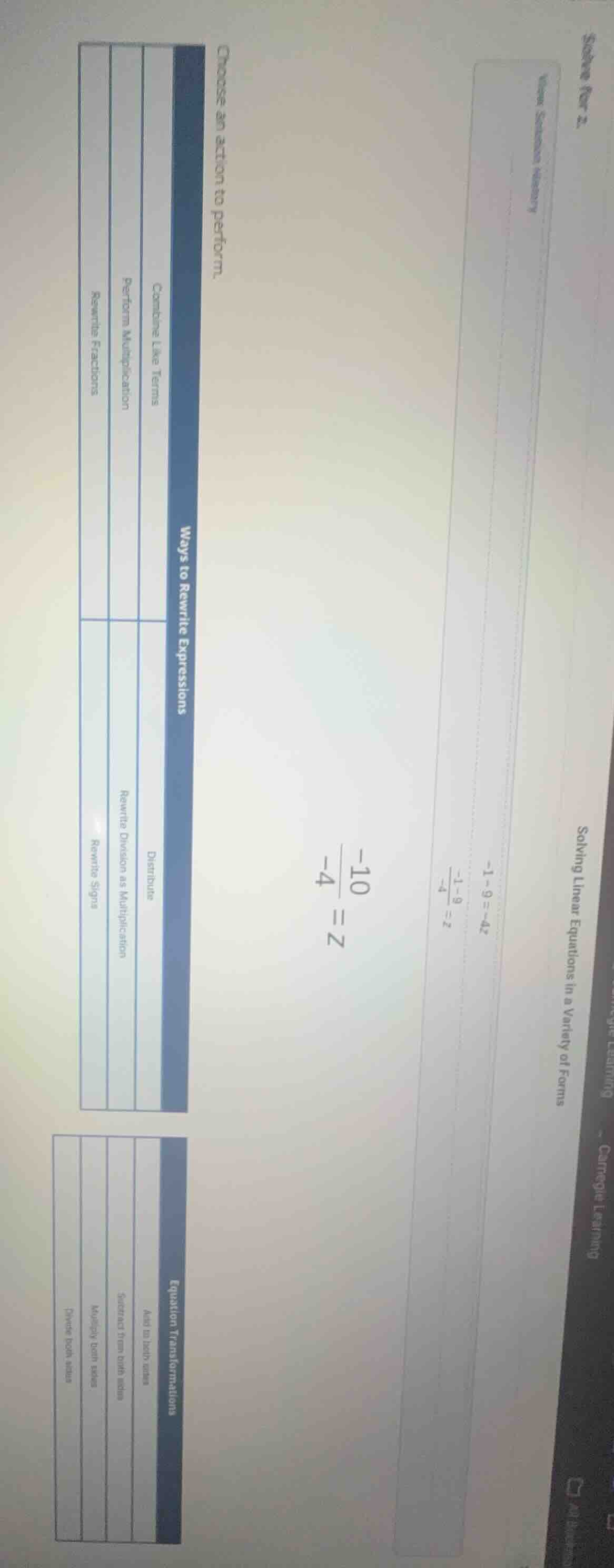 solve the equation: -1 - 9 = -4z, then (\frac{-1 - 9}{-4}=z), (\frac{-1…