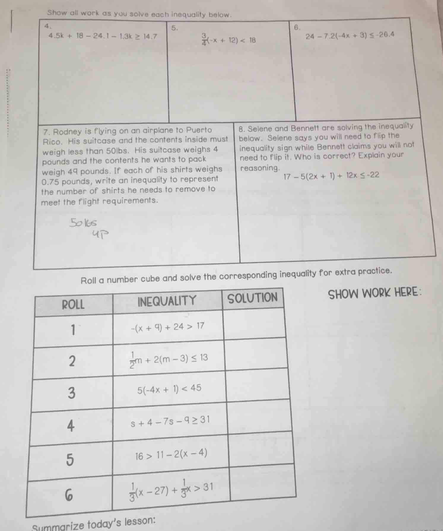 show all work as you solve each inequality below. 4. $4.5k + 18 - 24.1 …