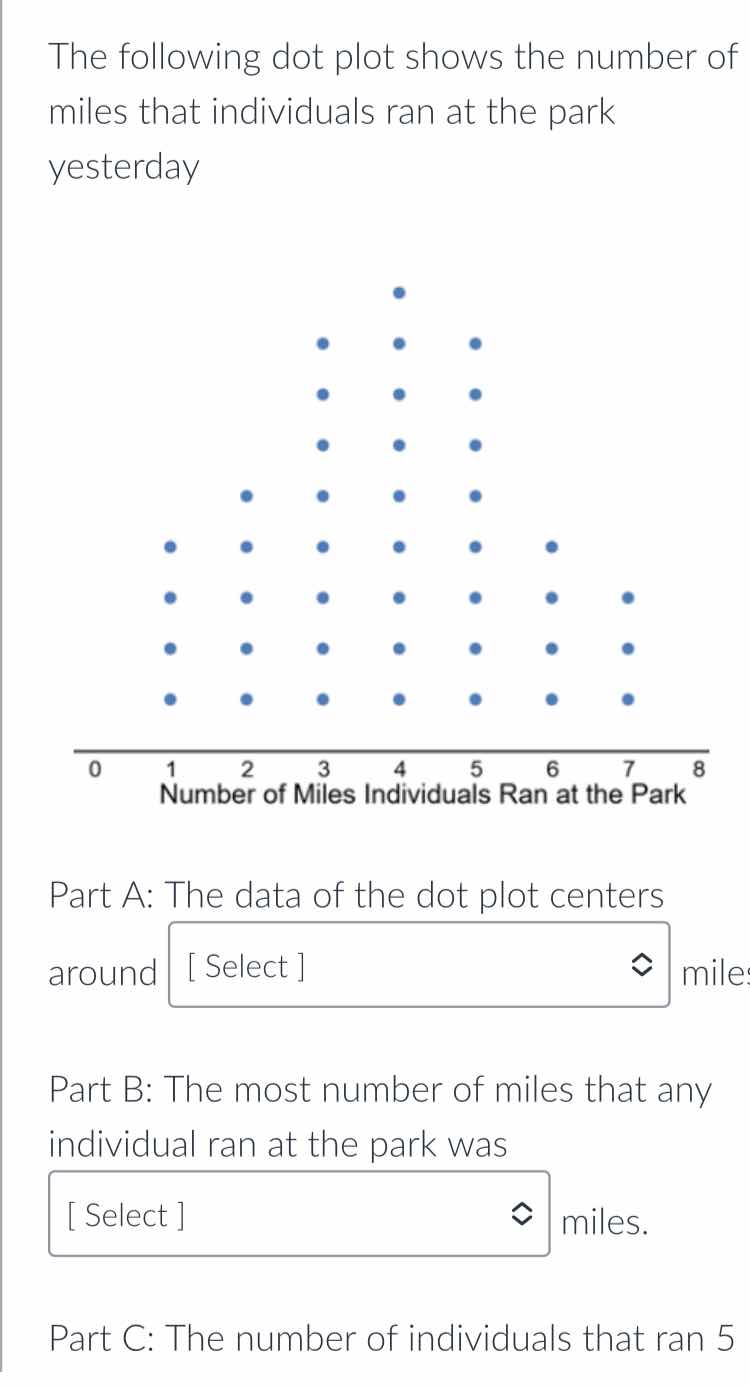 the following dot plot shows the number of miles that individuals ran a…