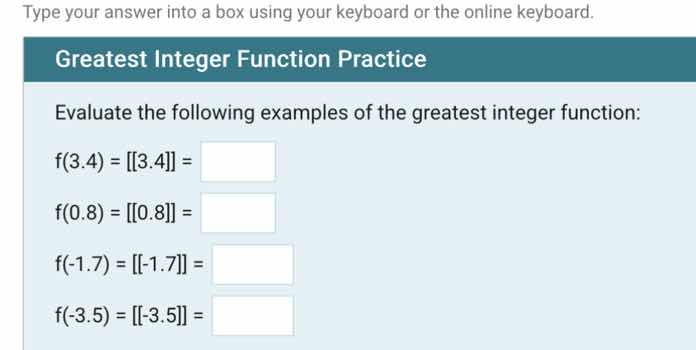 greatest integer function practice evaluate the following examples of t…