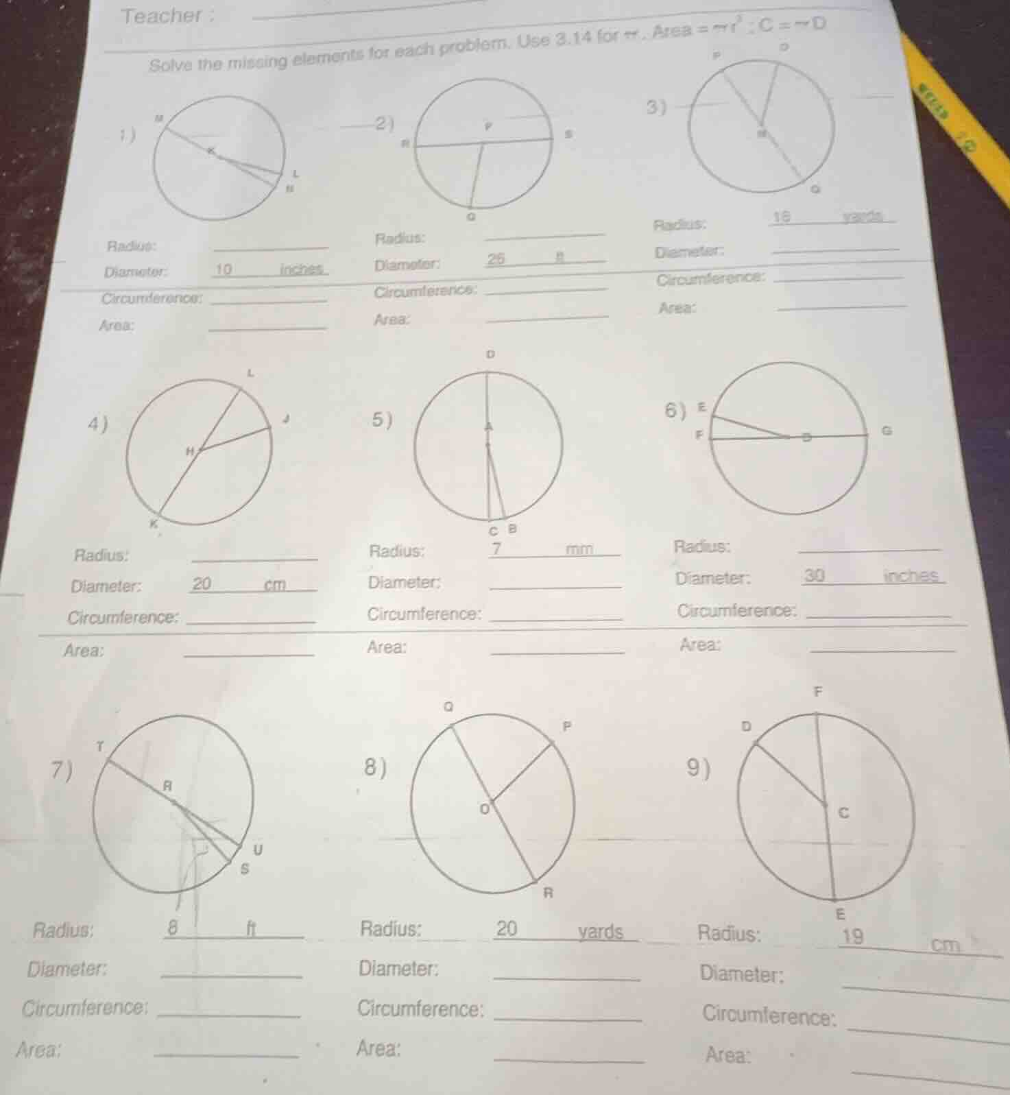 teacher : solve the missing elements for each problem. use 3.14 for π. …