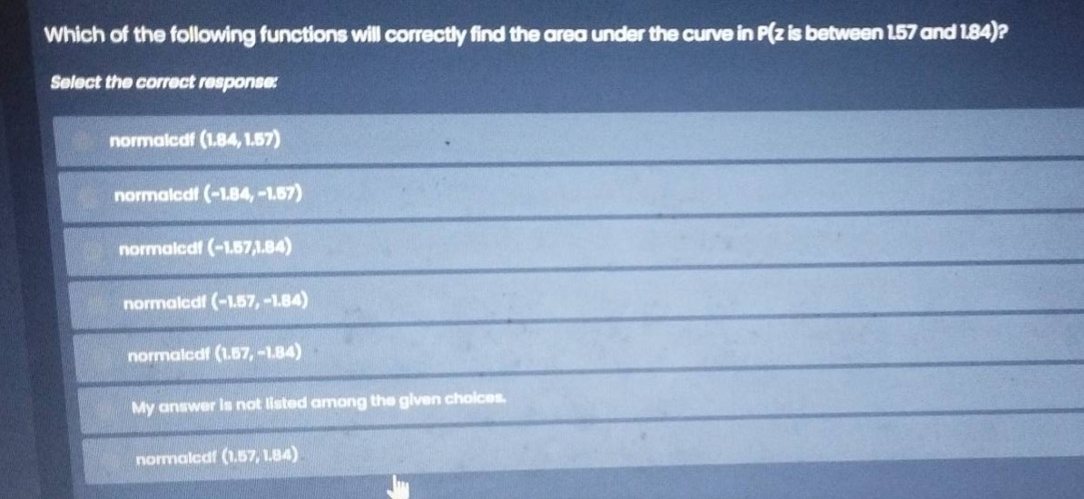 which of the following functions will correctly find the area under the…