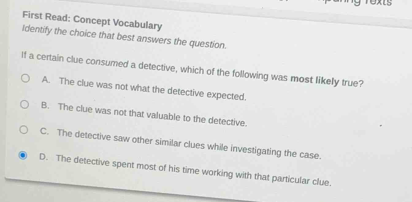 first read: concept vocabulary identify the choice that best answers th…