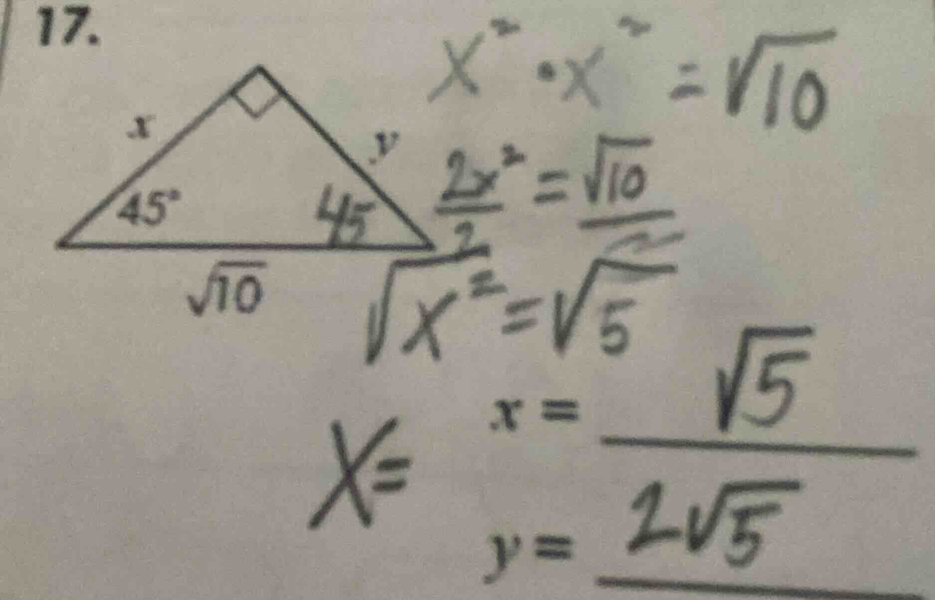 17. (triangle with 45°, 45°, right angle, sides x, y, base √10; equatio…