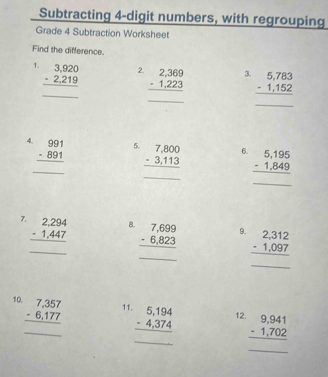subtracting 4 - digit numbers, with regrouping grade 4 subtraction work…