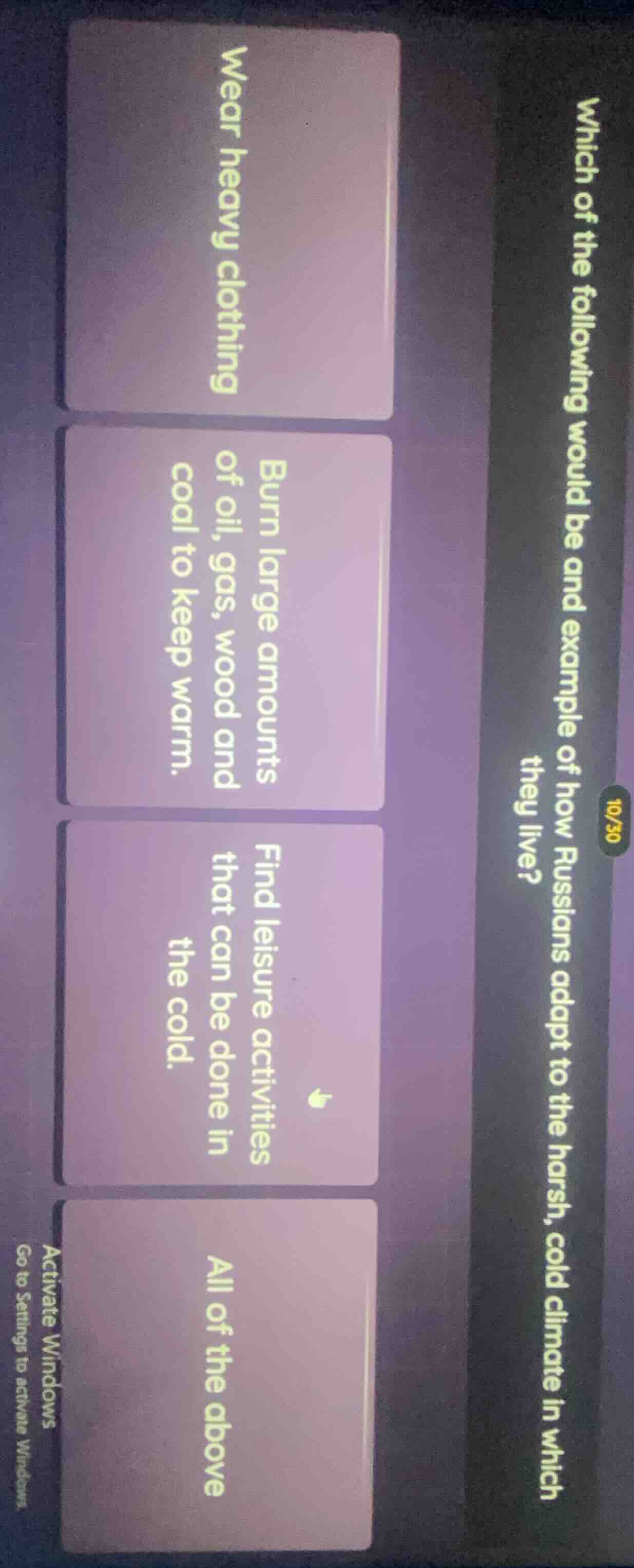 which of the following would be and example of how russians adapt to th…