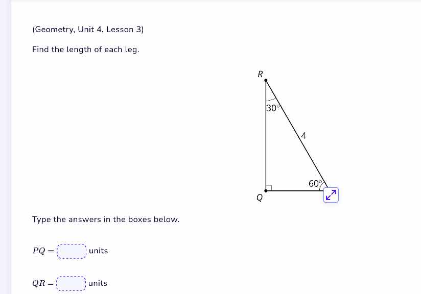 (geometry, unit 4, lesson 3) find the length of each leg. type the answ…