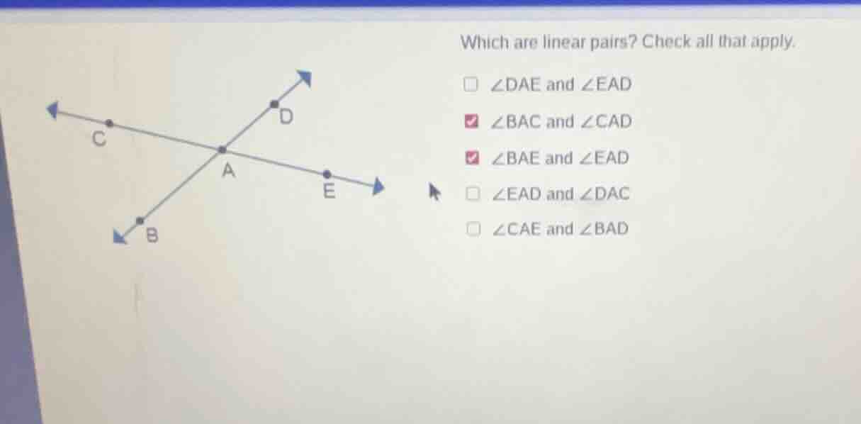 which are linear pairs? check all that apply. \\(\\angle dae\\) and \\(…