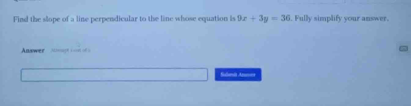 find the slope of a line perpendicular to the line whose equation is $9…