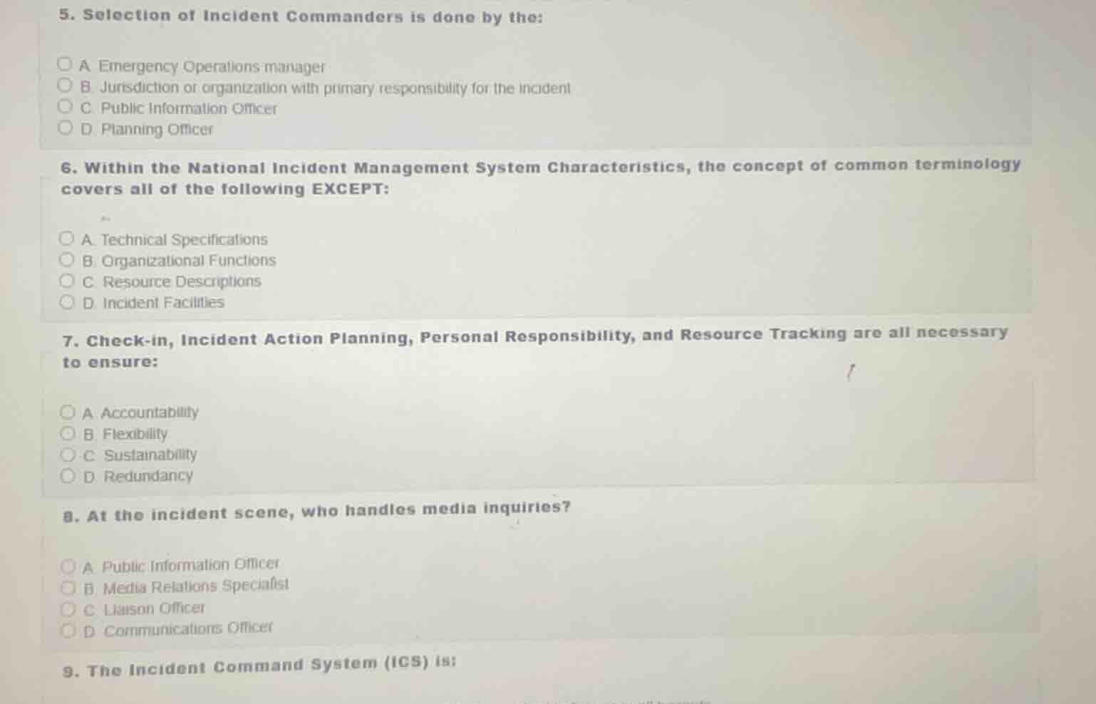 5. selection of incident commanders is done by the: a emergency operati…