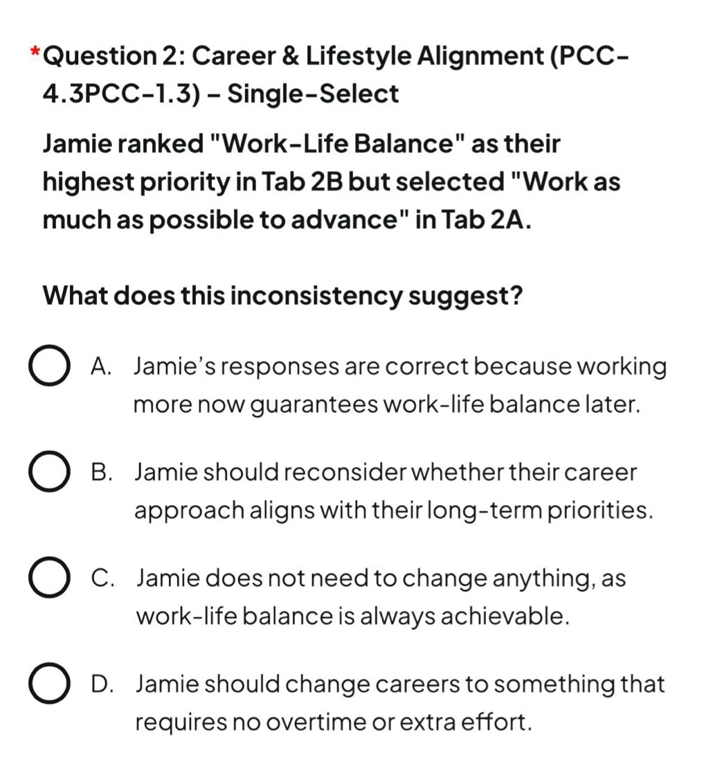 *question 2: career & lifestyle alignment (pcc-4.3pcc-1.3) – single-sel…