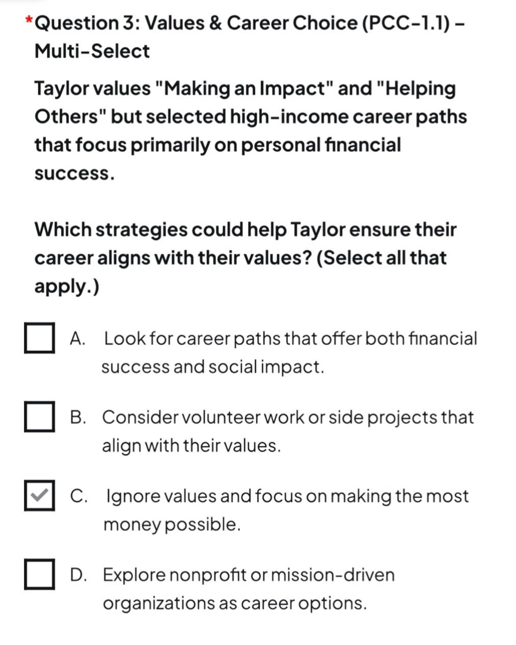 *question 3: values & career choice (pcc-1.1) – multi-select taylor val…