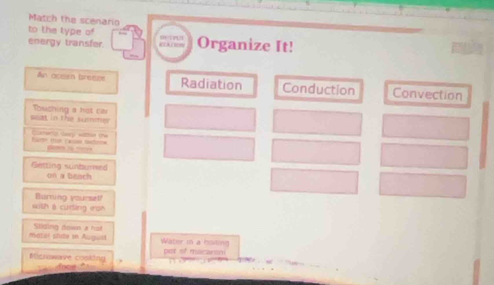 match the scenario to the type of energy transfer. an ocean breeze touc…