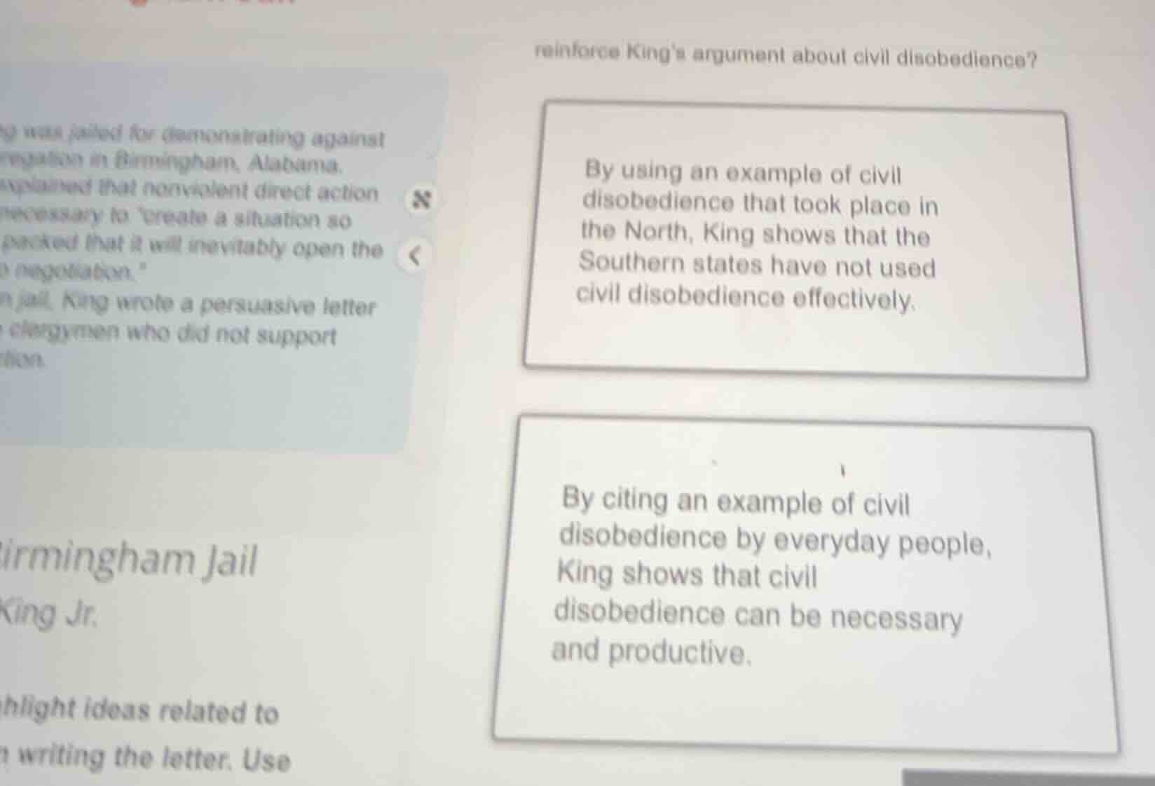 reinforce kings argument about civil disobedience? by using an example …