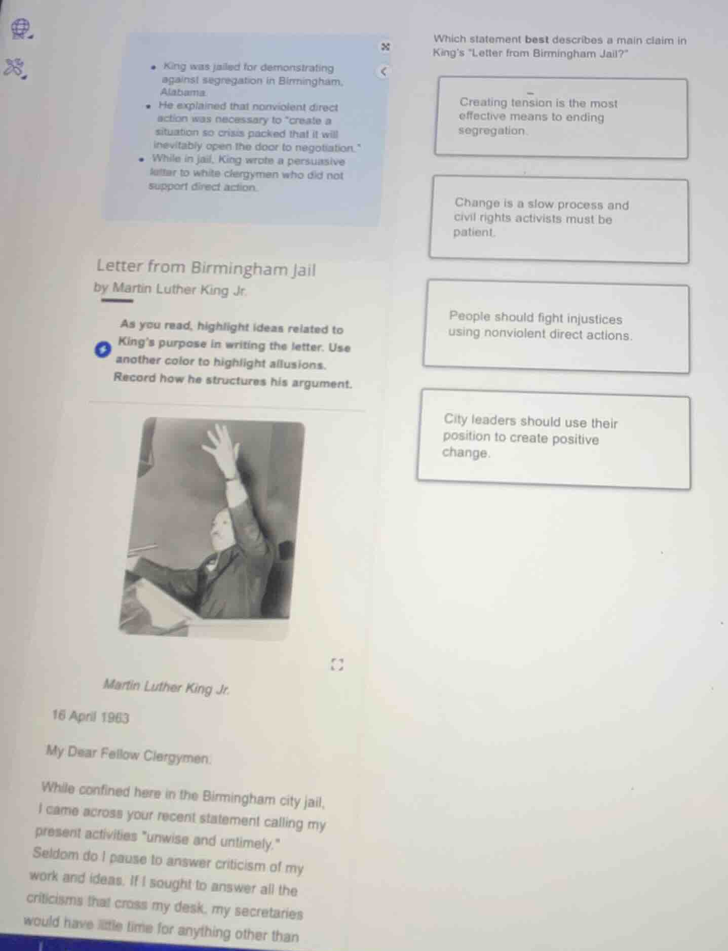 which statement best describes a main claim in king’s “letter from birm…