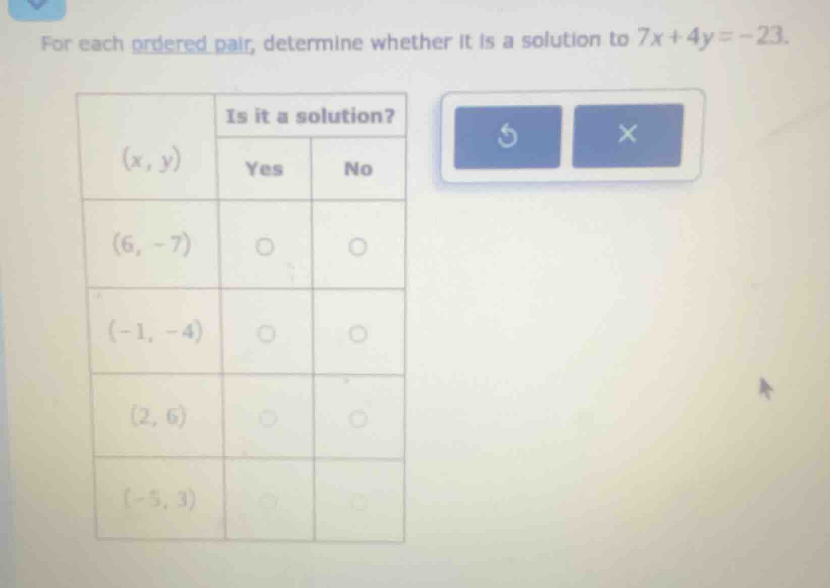 for each ordered pair, determine whether it is a solution to $7x + 4y =…