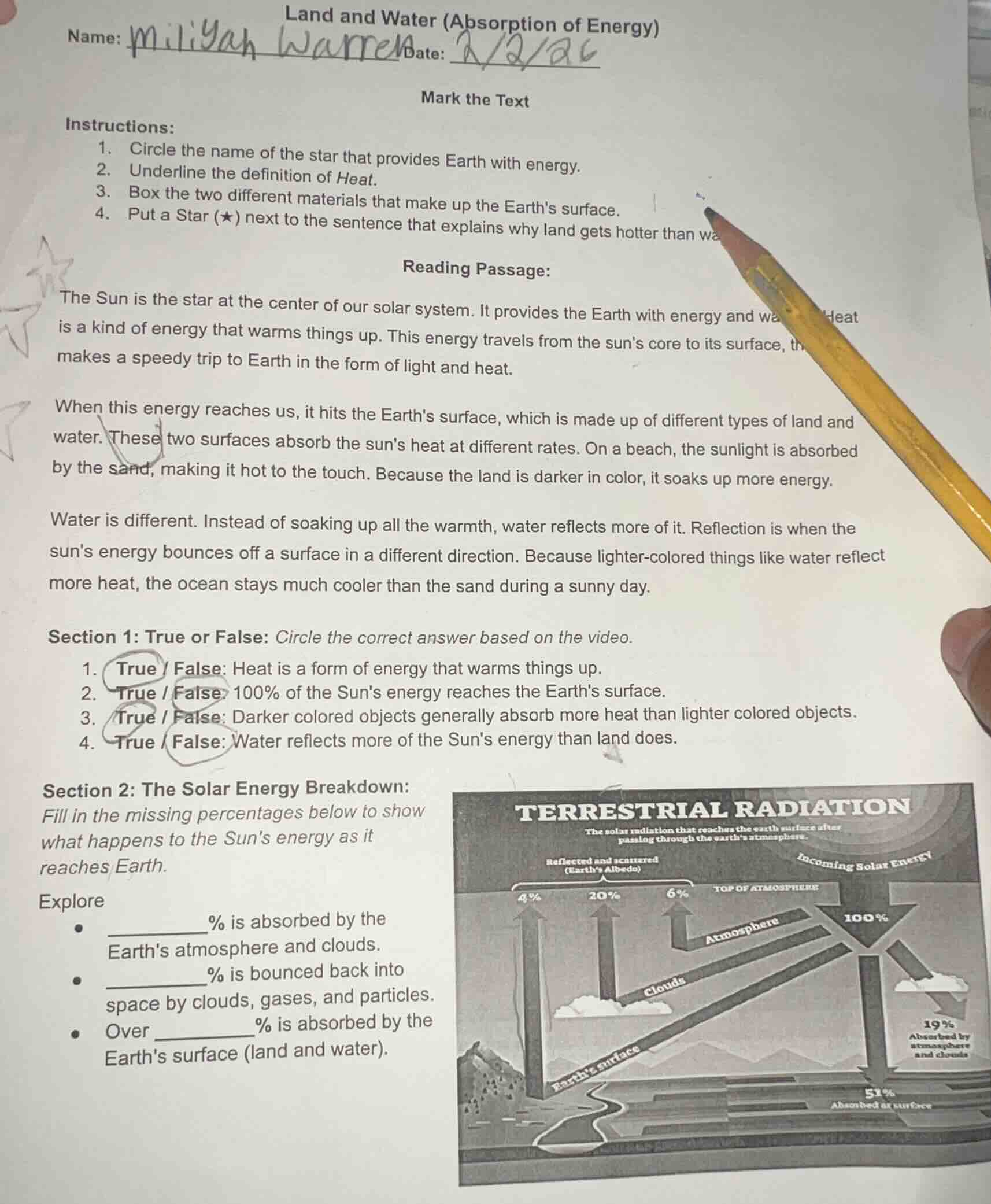 land and water (absorption of energy) name: miliyah warren date: 2/2/26…