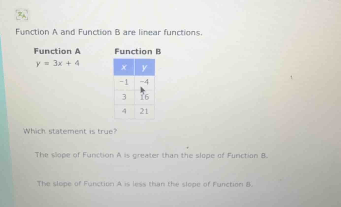 function a and function b are linear functions. function a $y = 3x + 4$…