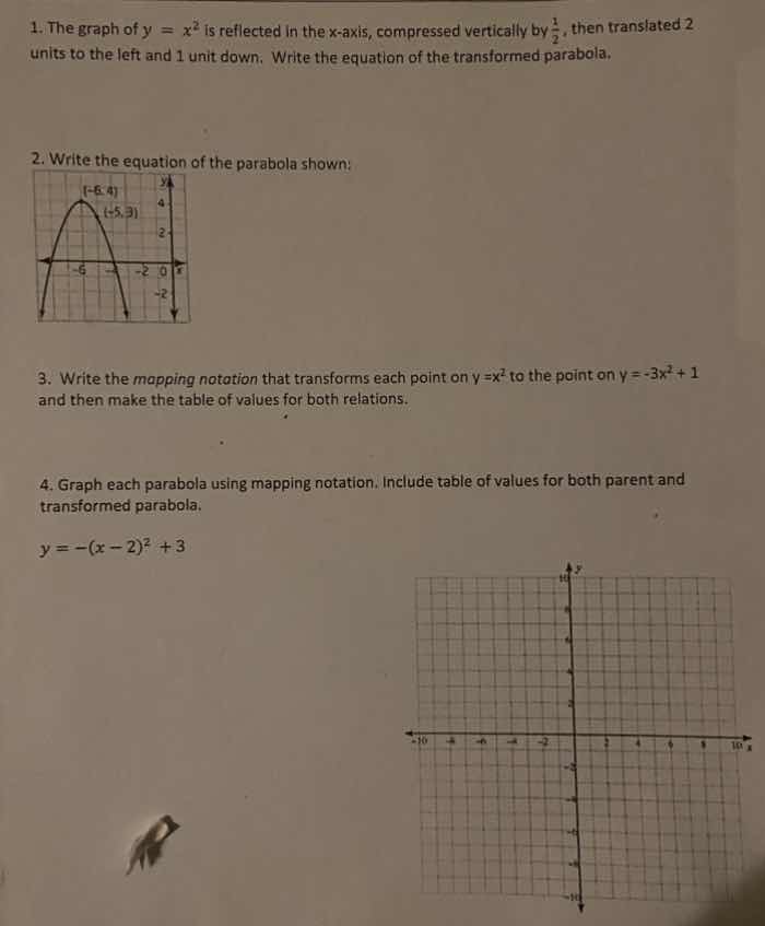 1. the graph of ( y = x^2 ) is reflected in the x - axis, compressed ve…