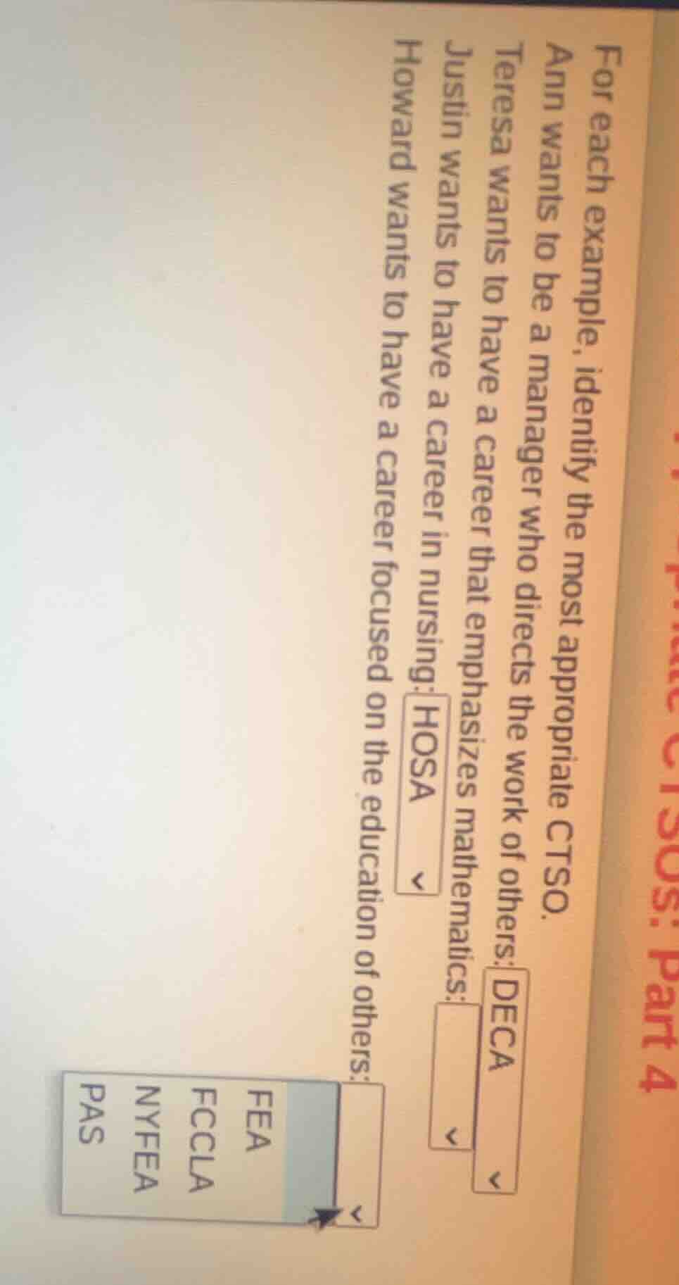 for each example, identify the most appropriate ctso. ann wants to be a…