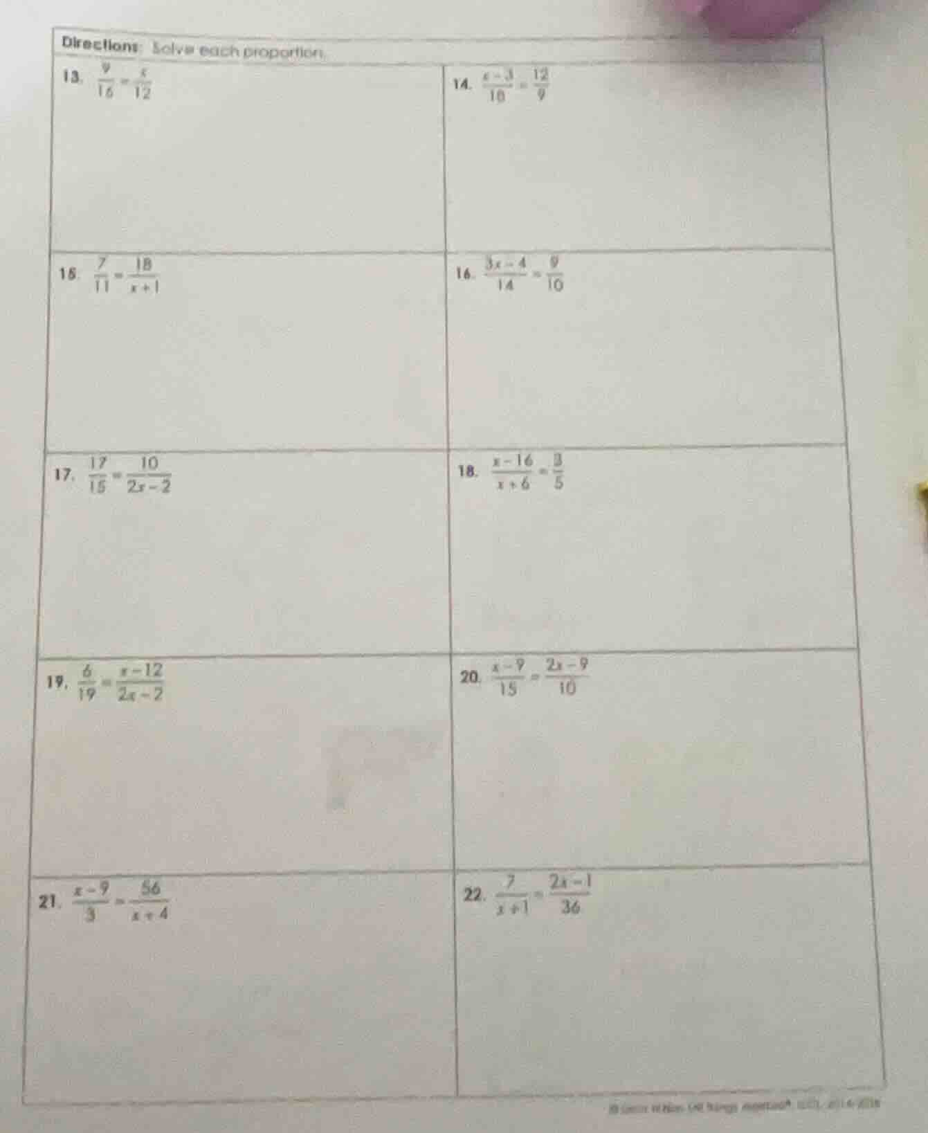 directions: solve each proportion. 13. \\(\\frac{9}{16} = \\frac{x}{12}…
