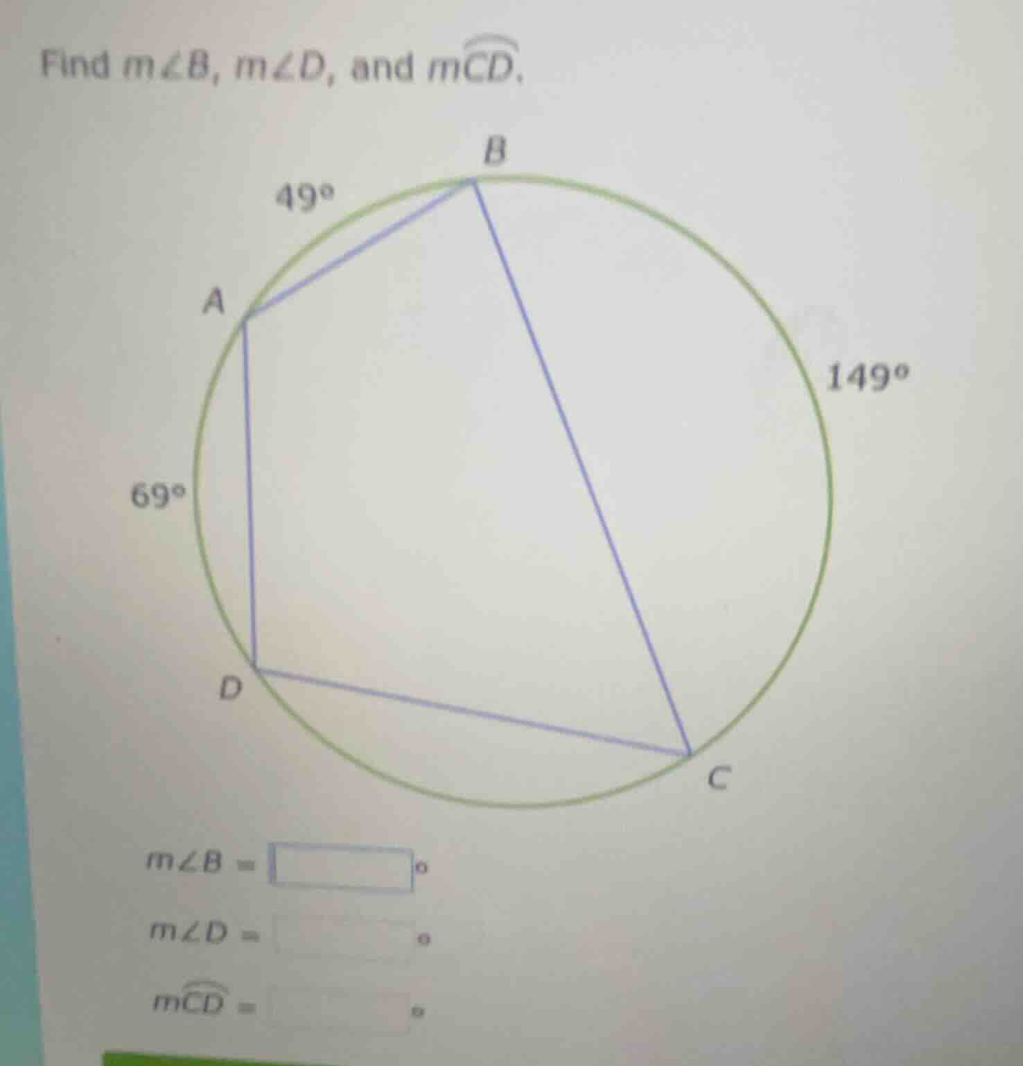 find ( mangle b ), ( mangle d ), and ( moverarc{cd} ).