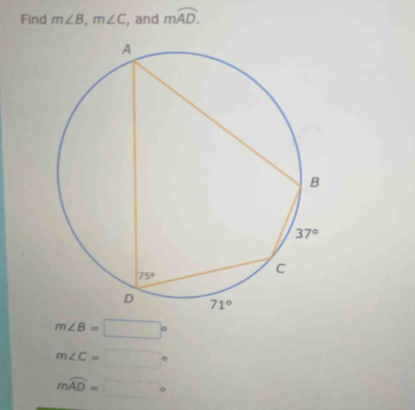 find ( mangle b ), ( mangle c ), and ( moverarc{ad} ).