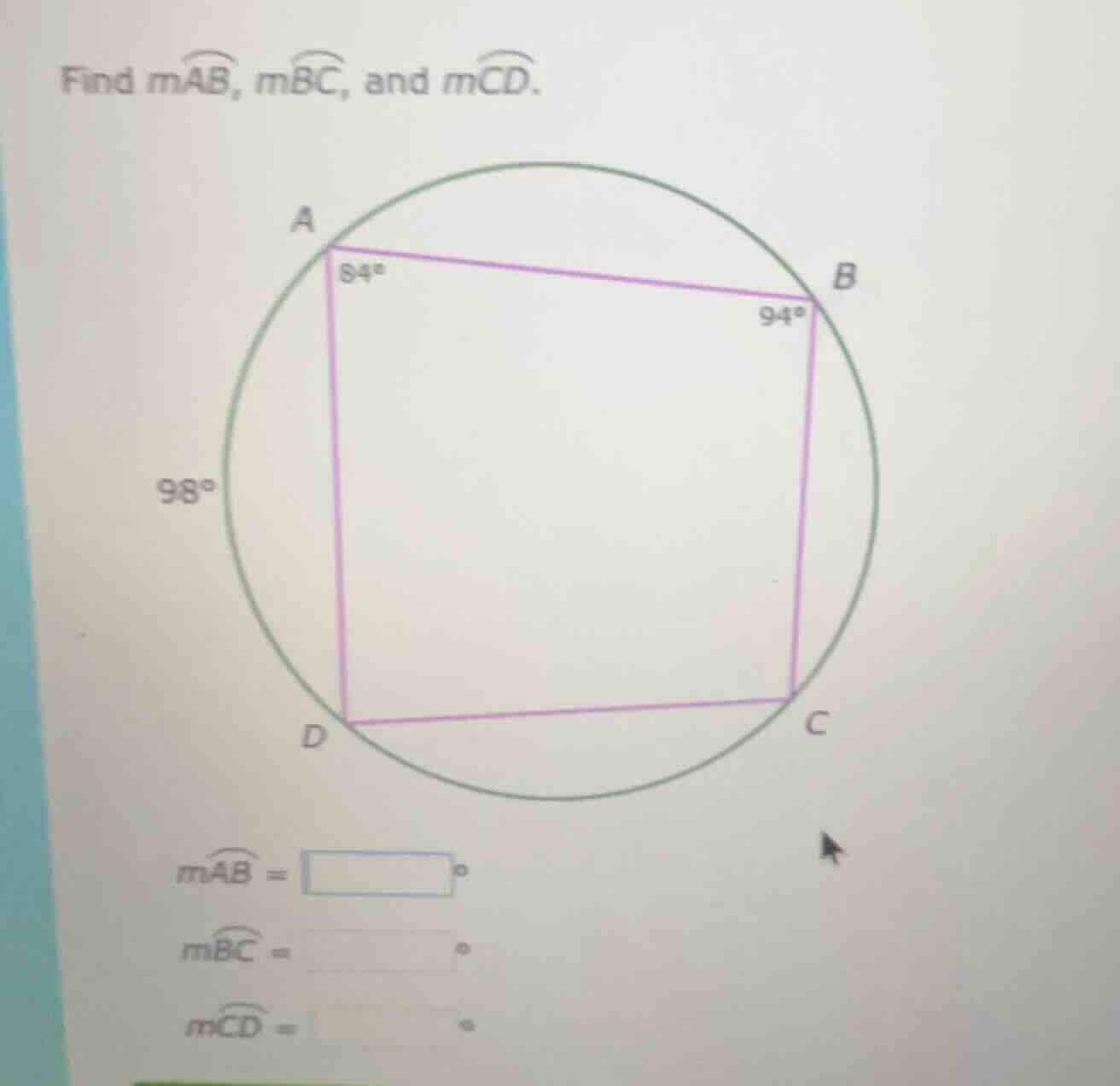 find ( moverarc{ab} ), ( moverarc{bc} ), and ( moverarc{cd} ).