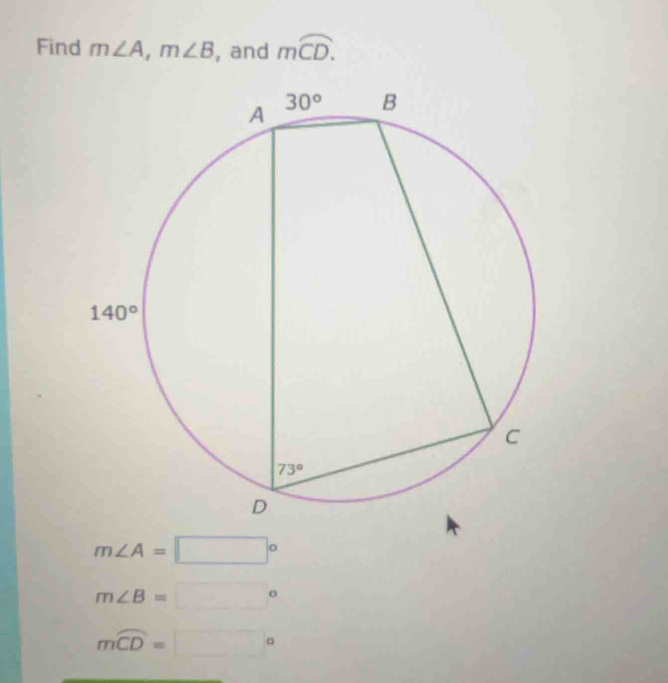 find ( mangle a ), ( mangle b ), and ( moverarc{cd} ).( mangle a = squa…